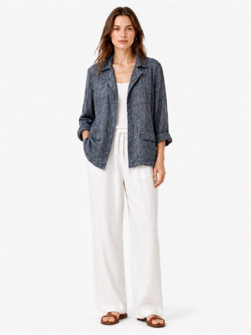 Lightweight Linen Blend Jacket Denim Blue Open Front Blazer Relaxed Fit XS-M